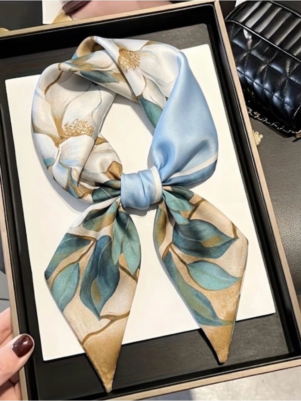 Floral Leaf Neck Scarf in Light Blue and Teal